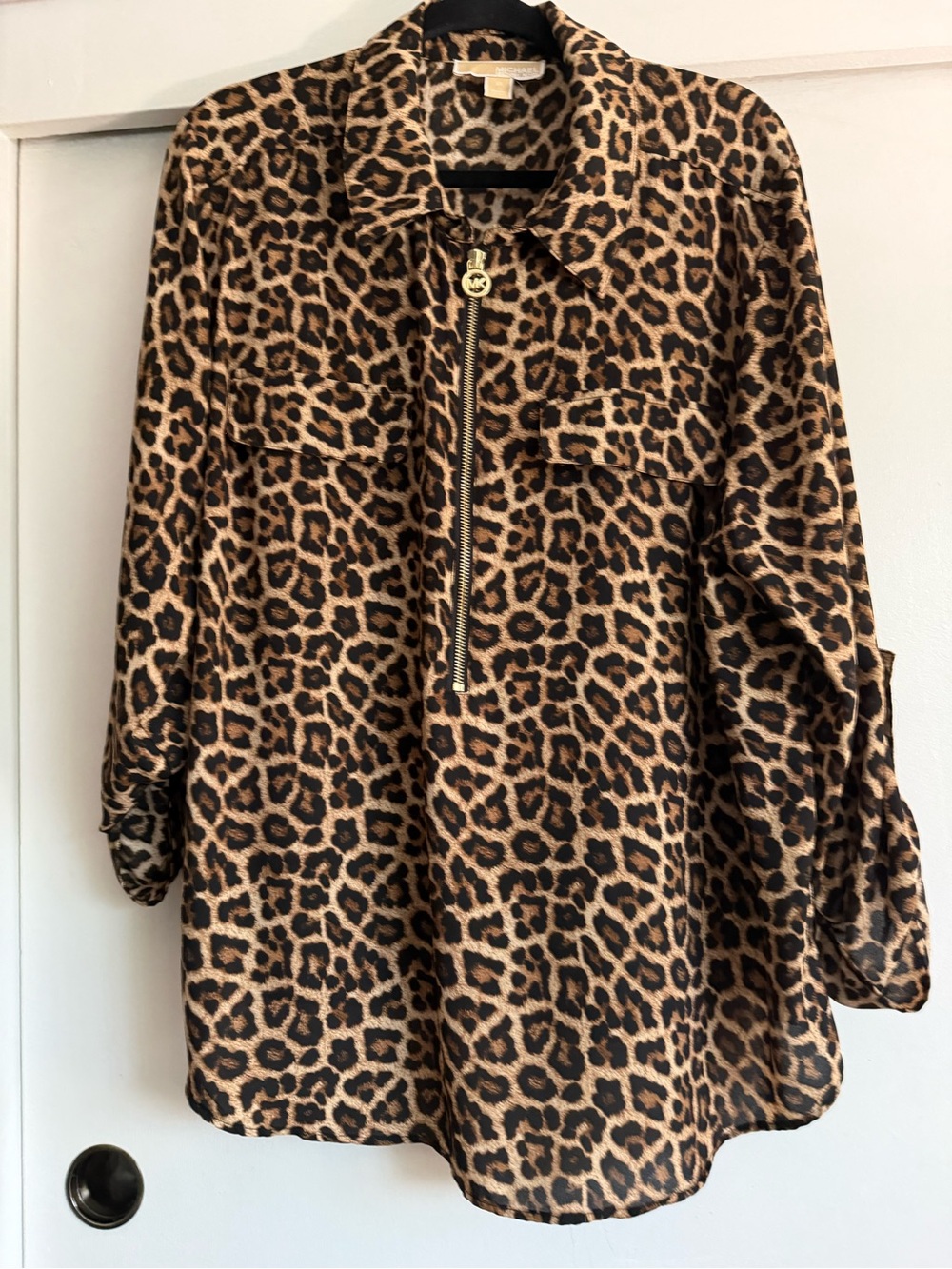 Michael Kors Leopard Zip-Front Blouse - Brown and Black